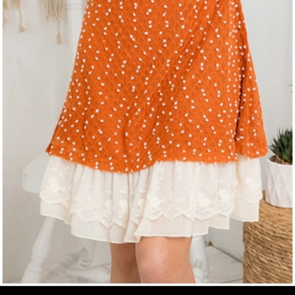 Rust Ivory Cowl Neck Dot tTextured, Ruffle Lace Bottom Long Sleeve Dress - Picture 4 of 5